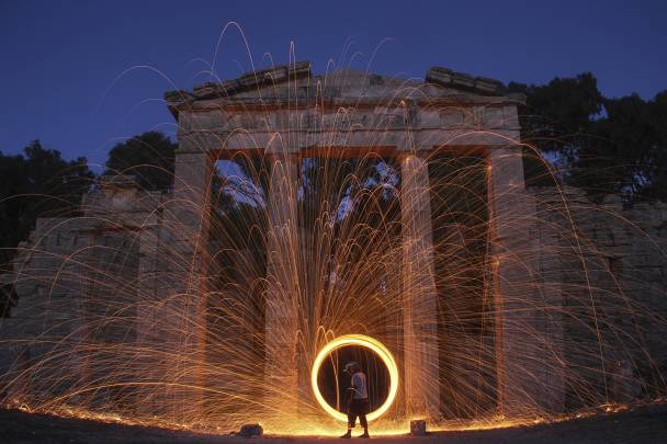 Steel wool art display in front of ancient ruins near Shahhat in northeastern Libya